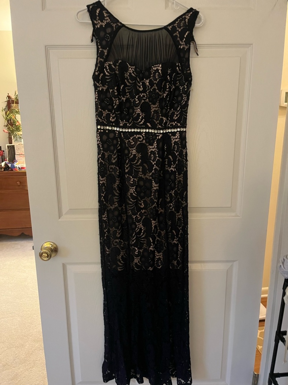 Enfocus Studio navy Lace Maxi Dress with Sheer Yoke and Rhinestone Waist
